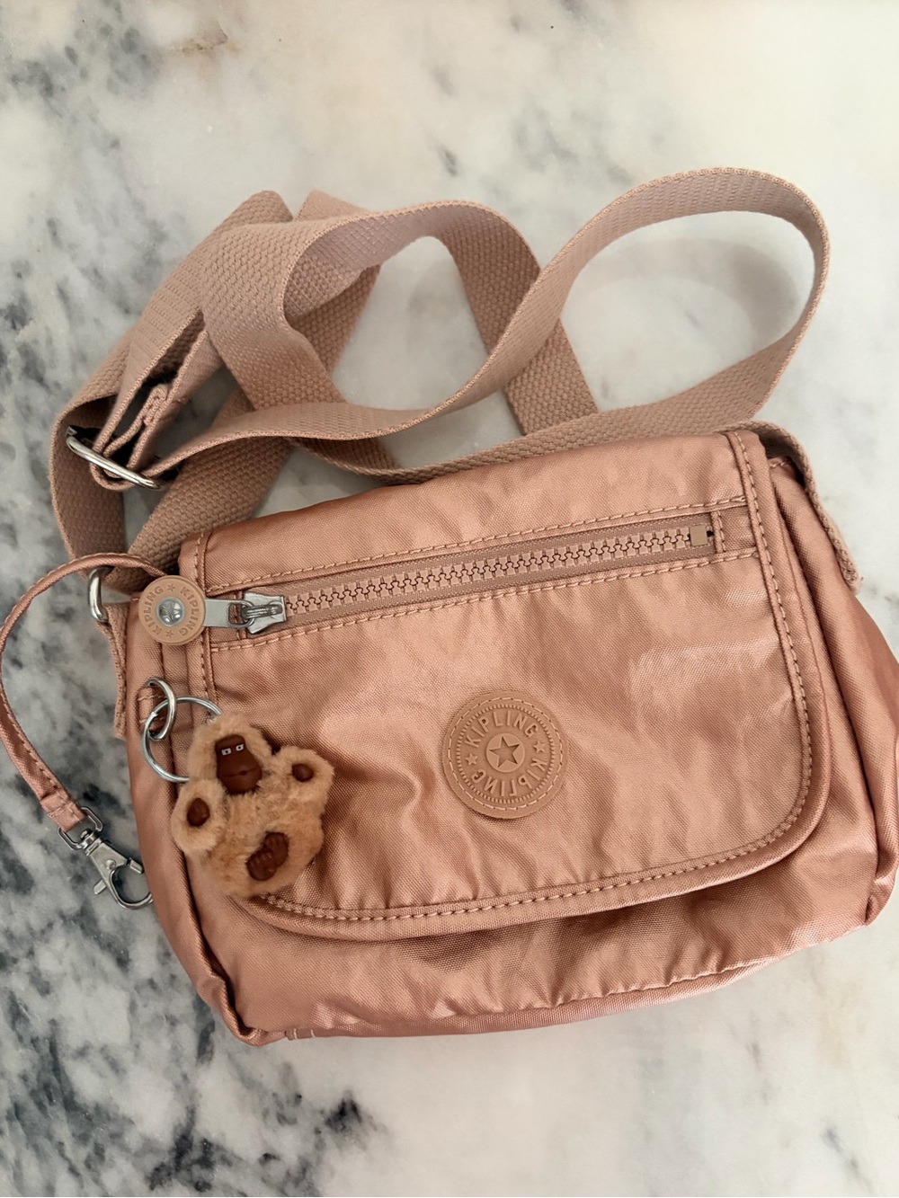 Kipling Metallic Blush Crossbody Bag with Monkey Charm